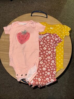 Carter's Pink Gingham Strawberry, Rust Floral & Mustard Heart Baby Bodysuits